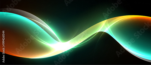 Abstract luminous waves intertwine, creating vibrant energy flow. Teal, orange, gold hues dominate dark background. Smooth curves suggest motion.