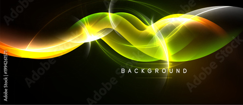 Abstract waves, vibrant colors, dynamic flow. Bright yellow, green, orange hues over black backdrop. Modern design element.