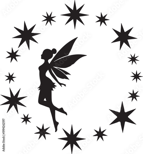 Black fairy silhouette, starry circle, whimsical vector icon, fantasy illustration