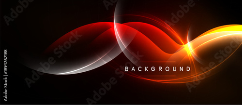 Abstract design features vibrant curves, glowing lines. Dark background emphasizes bright red, orange, white elements. Modern aesthetic.
