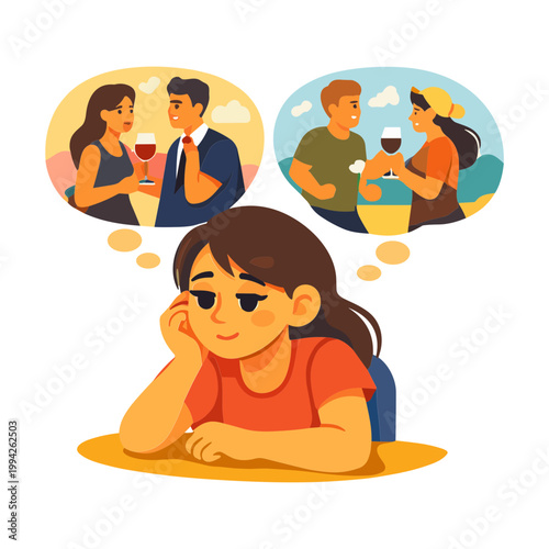 A woman thinks about relationships while lying on a table with two thought bubbles showing couples enjoying drinks.