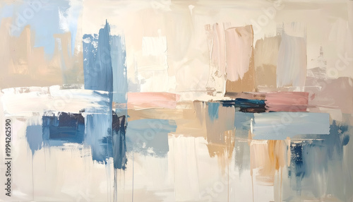 This abstract painting features a dynamic composition of layered blocks and brushstrokes in a muted palette of blues, tans, and pinks, creating a sense of depth and movement.