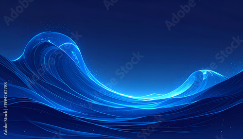 A mesmerizing digital artwork depicts flowing, luminous blue lines resembling waves against a deep blue background, creating a sense of ethereal movement and tranquility.