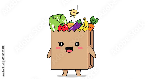 Cute grocery bag filled with fresh produce, characters with happy faces enjoying a healthy lifestyle and vibrant community