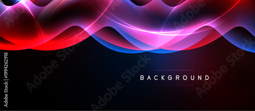 Abstract waves, vibrant colors, dynamic flow. Red, blue, purple gradients create modern background design. Smooth curves, dark space.