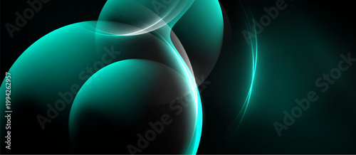 Abstract design features flowing turquoise shapes, luminous curves against dark background. Modern, elegant composition.