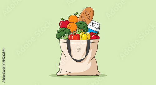 A canvas tote bag overflowing with fresh, colorful groceries including fruits, vegetables, bread, and milk, against a pastel green background