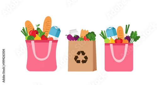 Vector illustration of vibrant shopping bags filled with fresh, healthy groceries, highlighting sustainable choices and eco-friendly consumerism