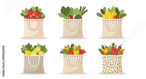 Fresh, colorful vegetables and fruits in various reusable eco-friendly bags, ideal for healthy meals, sustainable shopping, and inspiring nutritious culinary ingredients