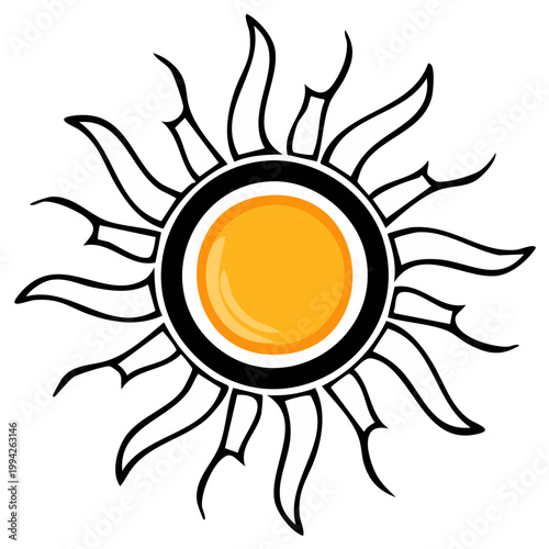 Stylized Tribal Sun Symbol with Orange Center and Black Outline Rays