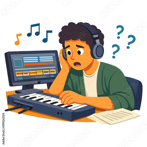 A man sits at a desk confused while wearing headphones and using a keyboard.