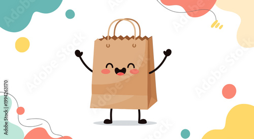 Happy brown paper shopping bag character illustration, cheerfully greeting, perfect for eco-friendly retail, sustainable packaging, and delightful customer service concepts