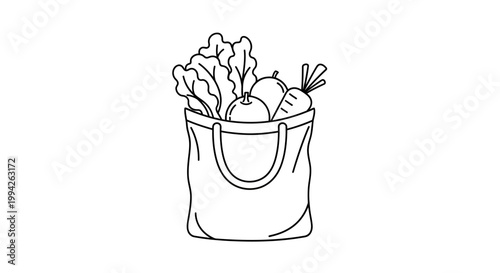 Minimalist line icon of a reusable shopping bag filled with fresh market produce, vegetables, and fruits, representing sustainable grocery shopping and healthy eating habits