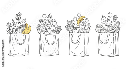 Assortment of fresh fruits and organic vegetables overflowing from reusable grocery bags, perfect for healthy eating, nutritious meals, and sustainable shopping choices