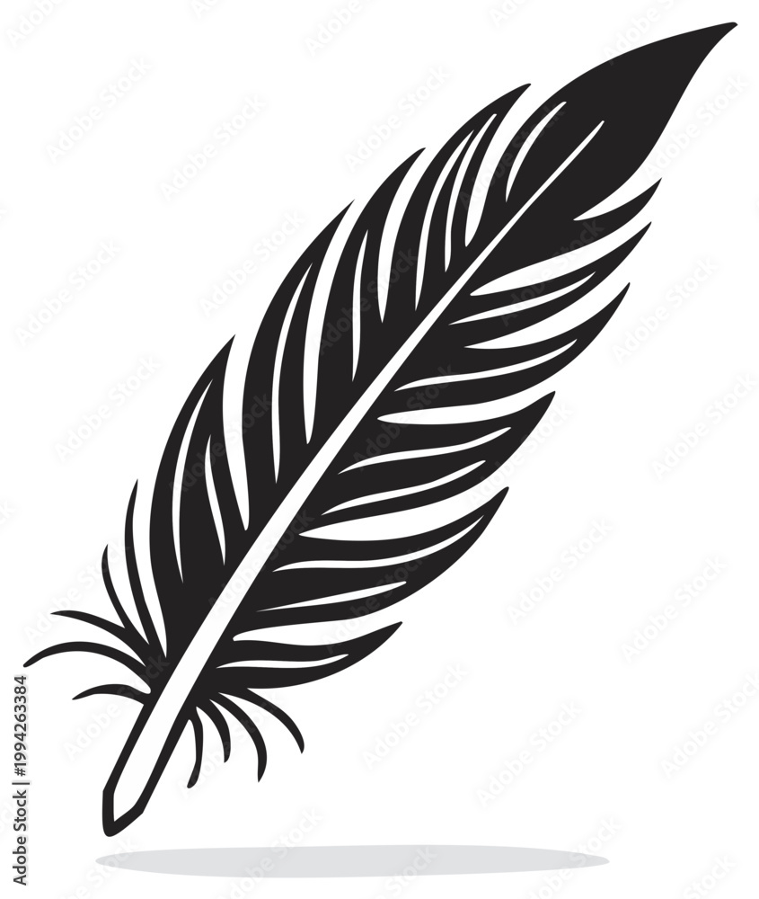 Fototapeta premium Elegant Black and White Feather Illustration with Detailed Barbules and a Smooth Calamus, Decorative Element
