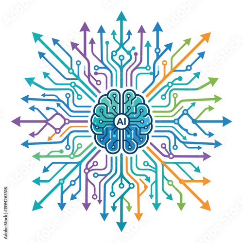 AI Brain Center with Expanding Circuit Line Arrows