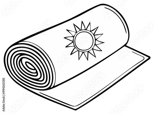 Rolled yoga mat with sun symbol in black and white illustration