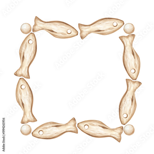 Square frame hand-painted in watercolor with decorative wooden fish figurines. Illustration is accented with wooden beads at the corners and rustic or nautical aesthetic. Isolated on a white