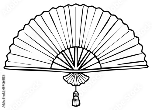 Traditional Asian Fan Outline Illustration Hand Held Fan Line Art Open Fan Silhouette Object Item Paper Decoration