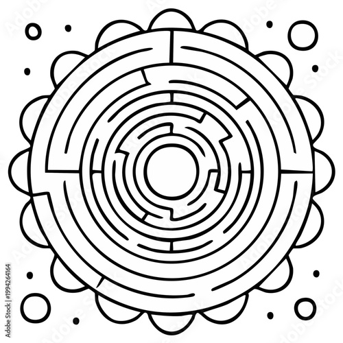 Circular labyrinth with flower shape frame design for puzzle and educational materials challenges and brain training games