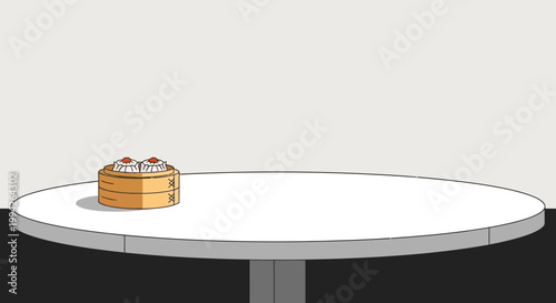 Minimalist Vector Illustration of Dim Sum in Bamboo Steamer on Round Table