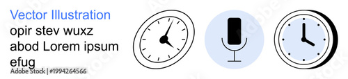 Time management, scheduling, communication tools, productivity, meeting planning, efficiency. Clock icons and a microphone symbol. Time management and communication tools concept