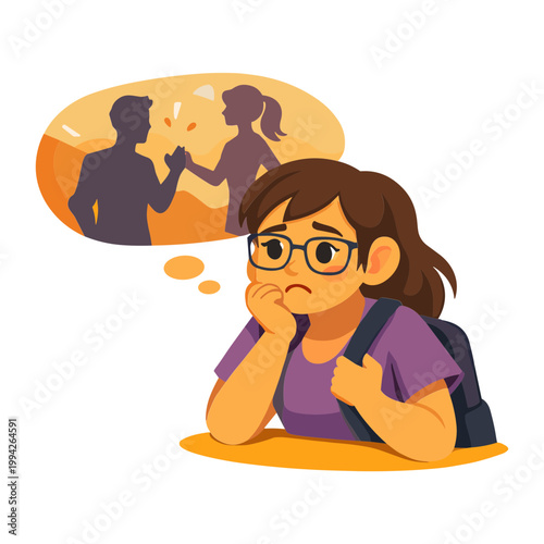 A worried teenage girl thinks about her parents arguing at home.