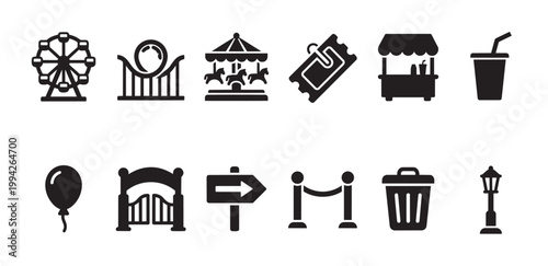 Collection of black silhouette icons representing attractions and amenities found in an amusement park, including rides, tickets, food, and services.