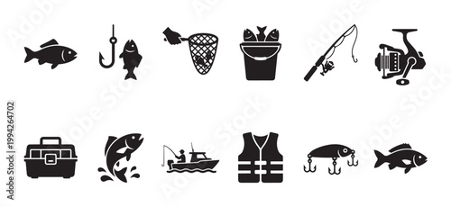 This black and white icon set illustrates various elements related to fishing, including fish, hooks, nets, buckets, rods, reels, tackle boxes, boats, and life vests, perfect for recreational.