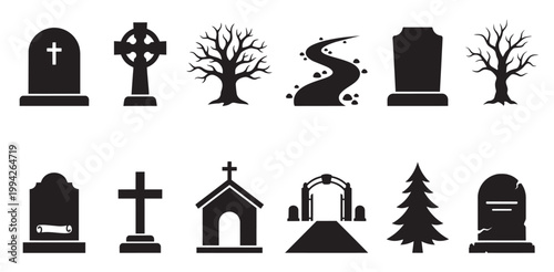 A black and white graphic collection of cemetery elements including tombstones, crosses, bare trees, and an arched gateway, suitable for memorial or spooky themes.