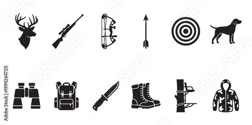 A collection of black silhouette icons representing various hunting gear and animals, including a deer, rifle, bow and arrow, target, dog, binoculars, backpack, knife, boots, tree stand.