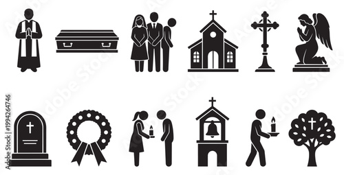 This is a black and white icon set depicting elements of a funeral and memorial service, including a priest, coffin, mourners, church, cross, angel, tombstone, wreath, and candle.