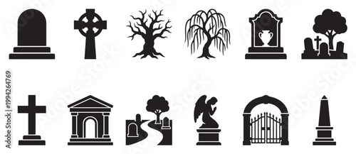 A collection of black silhouette icons depicting cemetery elements like tombstones, crosses, trees, an angel, a mausoleum, and an ornate gate, suitable for themes of remembrance and history.
