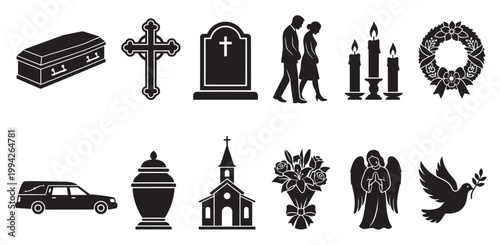 A collection of black silhouette icons representing funeral services, grief, mourning, and remembrance, including a coffin, cross, tombstone, mourners, candles, wreath, hearse, urn, church, flowers.