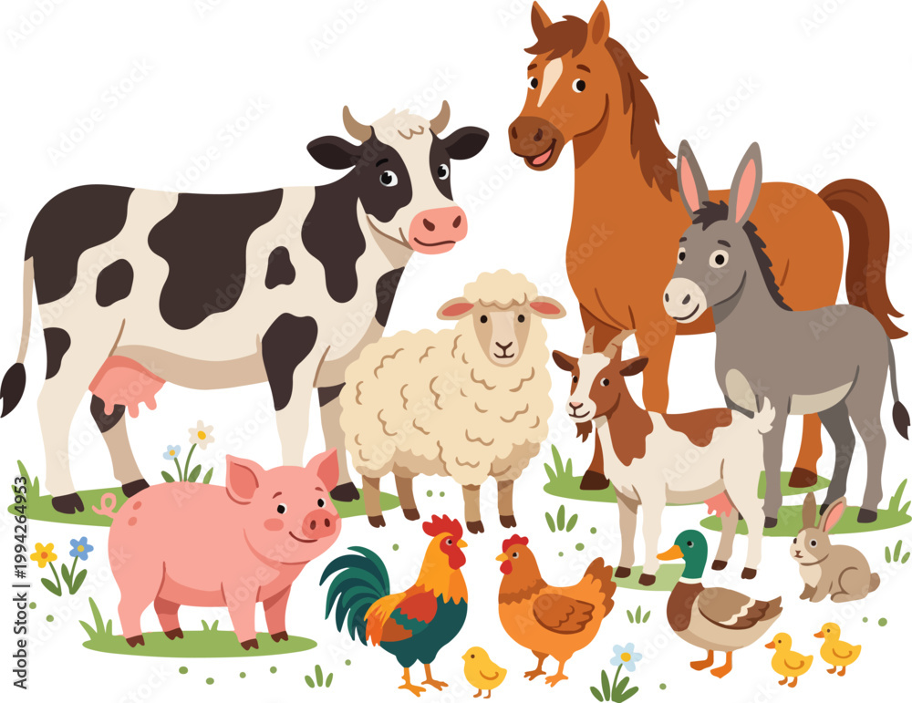 Fototapeta premium Large Group of Cute Farm Animal Characters