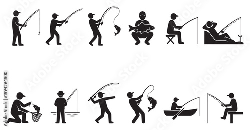 Collection of black and white stick figure silhouettes depicting various fishing activities and poses, offering versatility for recreational and sport-related themes.