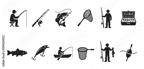 A collection of black and white vector icons illustrating various aspects of fishing, including anglers, rods, fish, nets, lures, and tackle boxes.