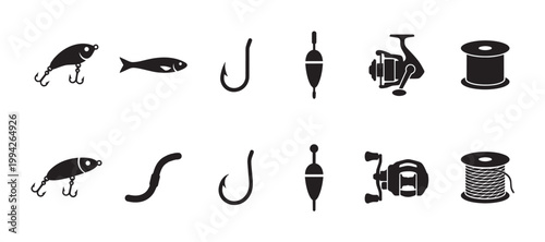 This is a collection of simple black silhouette icons representing various fishing gear, including lures, fish, hooks, floats, reels, and spools of line on a white background.