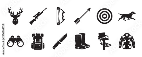 Collection of black silhouette icons representing hunting equipment, including deer, rifle, bow, arrow, target, dog, binoculars, backpack, knife, boots, tree stand, and camouflage jacket.