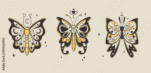 Foto Celestial moth and butterfly set with moon, star, eye icons isolated on background