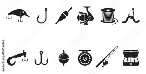 A collection of black silhouette icons representing various fishing equipment, including lures, hooks, floats, reels, line, bait, rods, and tackle boxes on a white background.