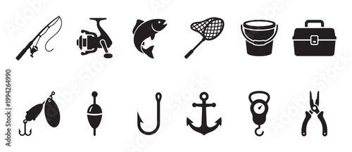 This clean black and white icon set features essential fishing equipment including rods, reels, hooks, bait, and tools for recreational angling and outdoor activities.