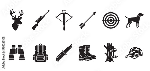 A collection of black silhouette icons representing various hunting equipment and elements, including a deer, rifle, and camouflage hat, suitable for outdoor sports themes.