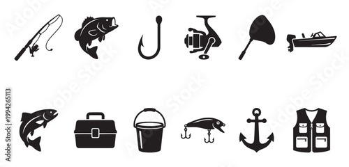 Collection of black fishing icons including a rod, reel, fish, hook, lure, boat, tackle box, bucket, anchor, and vest on a white background.