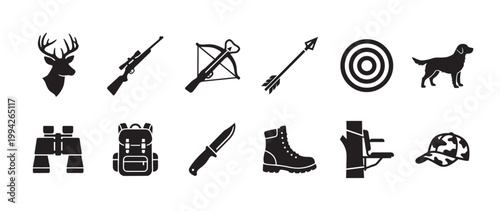 Collection of black silhouette icons representing hunting equipment and animals, suitable for outdoor activity and sport themes.