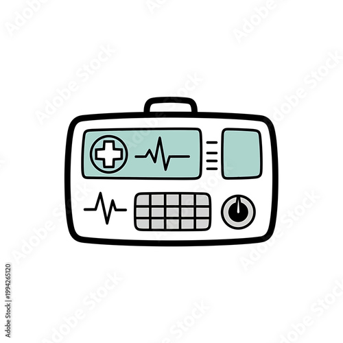 Hand drawn medical heart monitor and defibrillator illustration