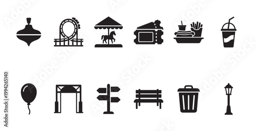 A collection of black silhouette icons representing various amusement park elements like a roller coaster, carousel, tickets, food, and signage.