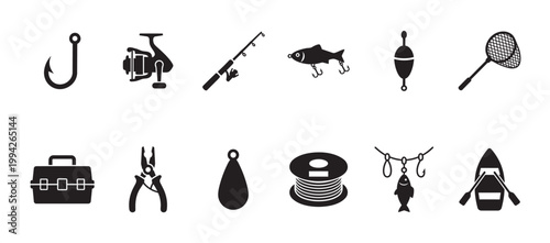 Collection of black silhouette icons representing various fishing equipment on a white background, perfect for recreational or commercial use.