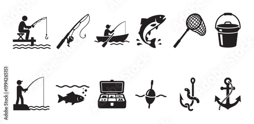 Collection of simple black vector icons depicting various fishing elements like people fishing, rods, boats, fish, nets, buckets, tackle boxes, floats, anchors, and worms.