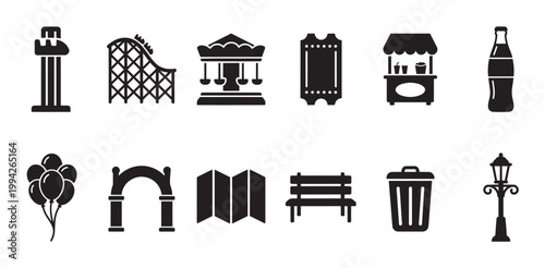 A collection of black silhouette icons representing various amusement park elements such as a roller coaster, carousel, ticket, and food stall on a white background.